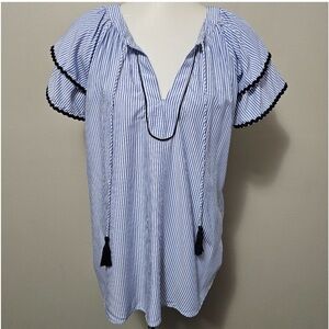 Loft Blue and White Stripe Blouse with Tassels
